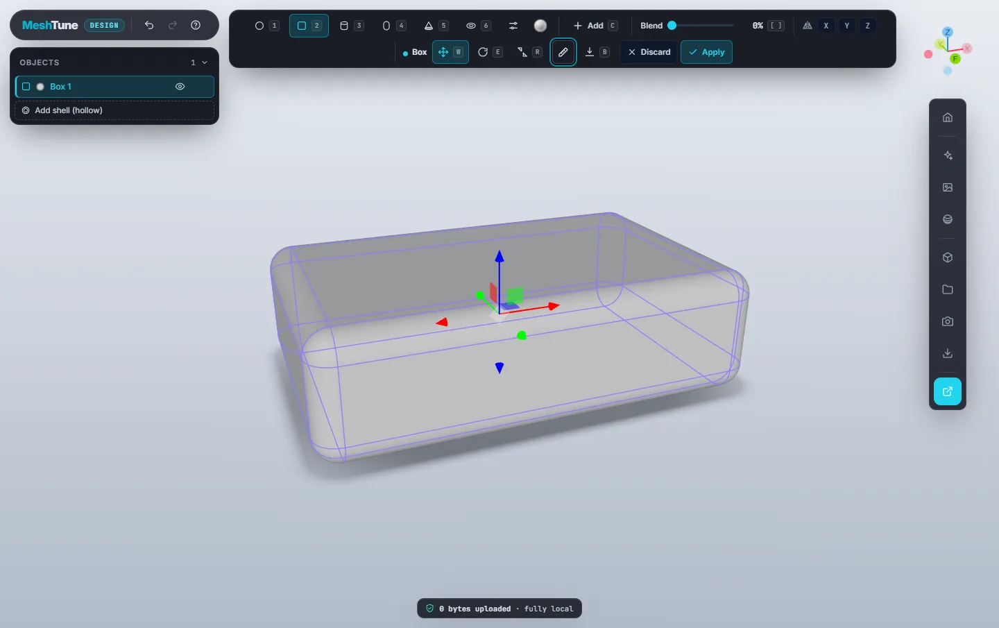 A rounded box selected for editing, with its blue outline, move handles and the second row of shape-bar controls