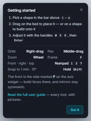 The Getting started card listing the three modelling steps and the camera controls