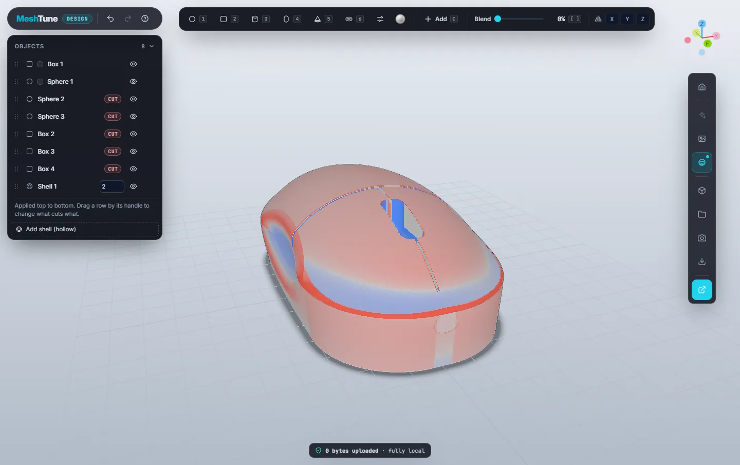 Curvature colours on a mouse shell, red convex and blue concave