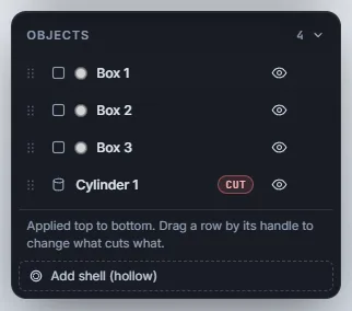 The Objects list with Box 1, Box 2, Box 3 and Cylinder 1 marked CUT