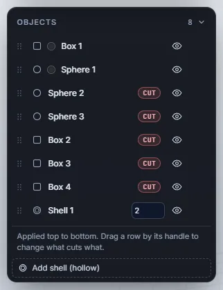 The Objects list ending in a Shell row with a wall thickness field set to 2