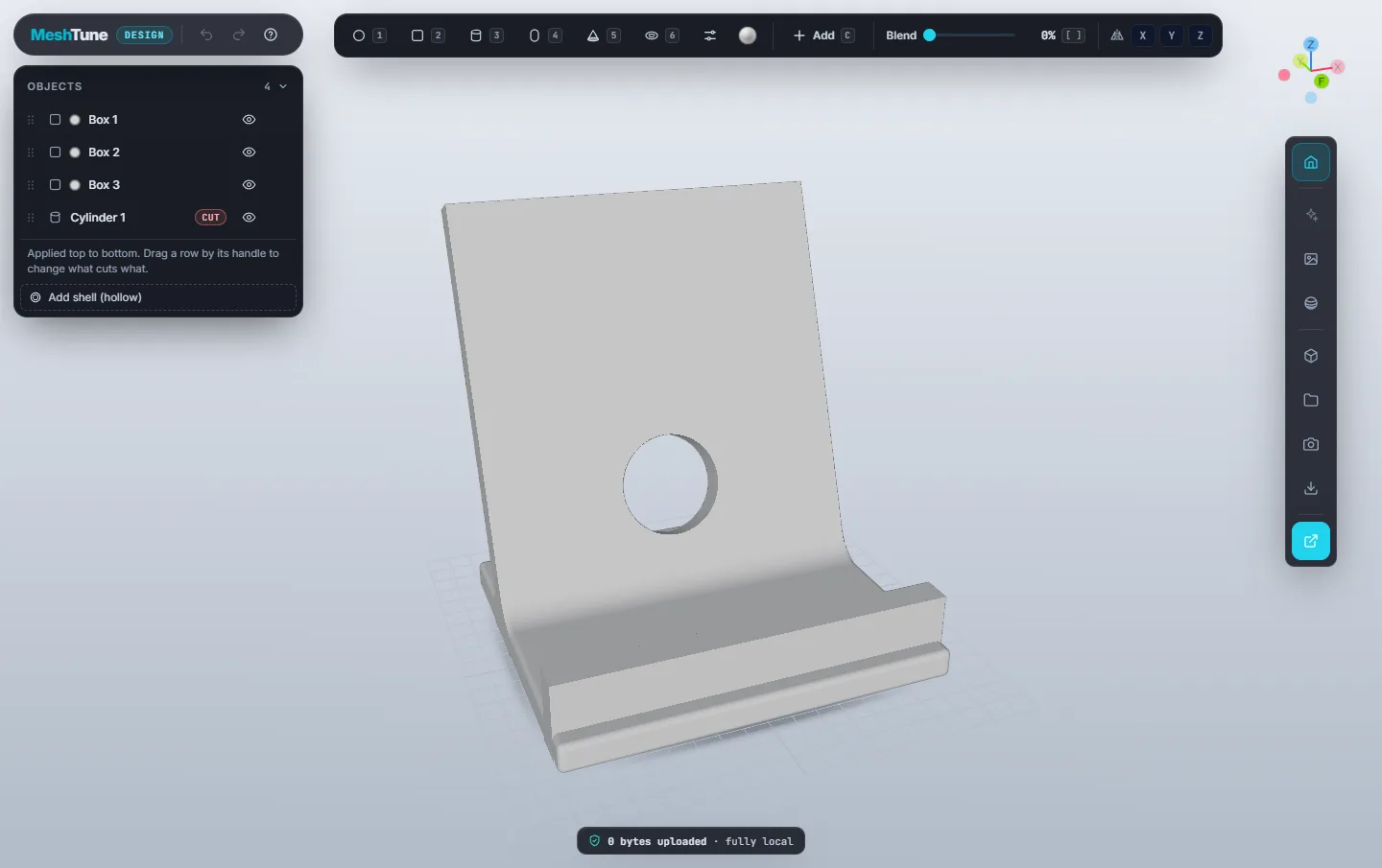 The MeshTune Design window with a phone stand model: history buttons top left, shape bar top centre, axis widget and tool rail on the right, Objects list top left under the logo