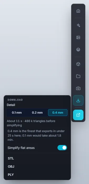 The Download panel: Detail 0.1, 0.2 or 0.4 mm with a time and triangle estimate, Simplify flat areas, and STL, OBJ, PLY