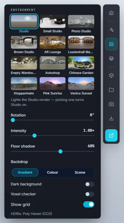 The Environment panel: twelve lighting environments, Rotation, Intensity, Floor shadow, Backdrop Gradient Colour or Scene, Dark background, Voxel checker and Show grid