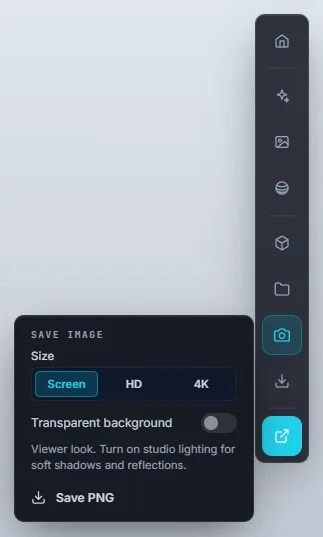 The Save image panel: Screen, HD or 4K size, Transparent background, and Save PNG