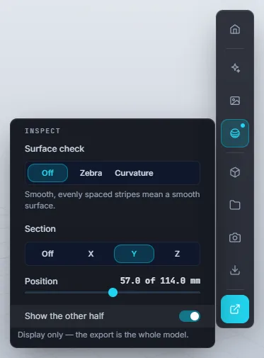 The Inspect panel with Surface check Off, Zebra and Curvature, and Section Off, X, Y and Z with Show the other half