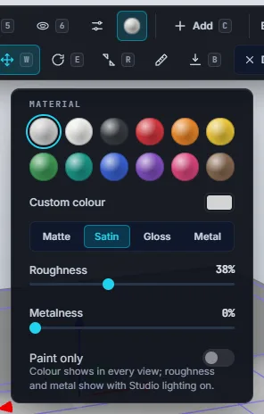 The Material panel: twelve colour swatches, custom colour, Matte, Satin, Gloss and Metal finishes, Roughness and Metalness sliders, and Paint only