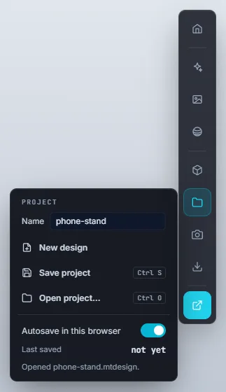 The Project panel: Name, New design, Save project Ctrl S, Open project Ctrl O, Autosave in this browser and Last saved