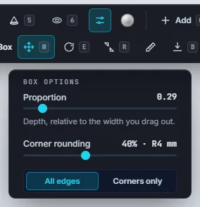 Box options: Proportion slider, Corner rounding slider showing 40% and R4 mm, and All edges or Corners only