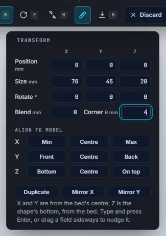 The Transform panel with Position, Size and Rotate fields for X Y Z, Blend and Corner radius in mm, Align to model buttons, and Duplicate, Mirror X and Mirror Y