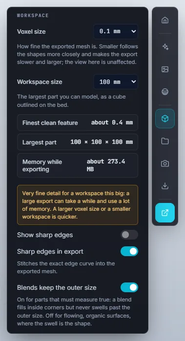 The Workspace panel: Voxel size, Workspace size, Finest clean feature, Largest part, Memory while exporting, a warning, Show sharp edges, Sharp edges in export, and Blends keep the outer size