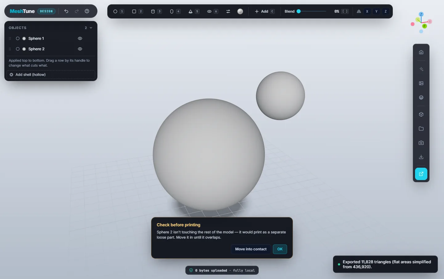 The Check before printing card saying Sphere 2 isn't touching the rest of the model, with Move into contact and OK buttons