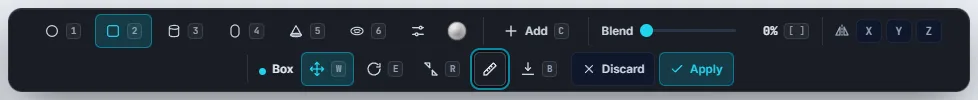 The shape bar's second row: Move, Rotate, Resize, Transform, Sit on bed, Discard and Apply