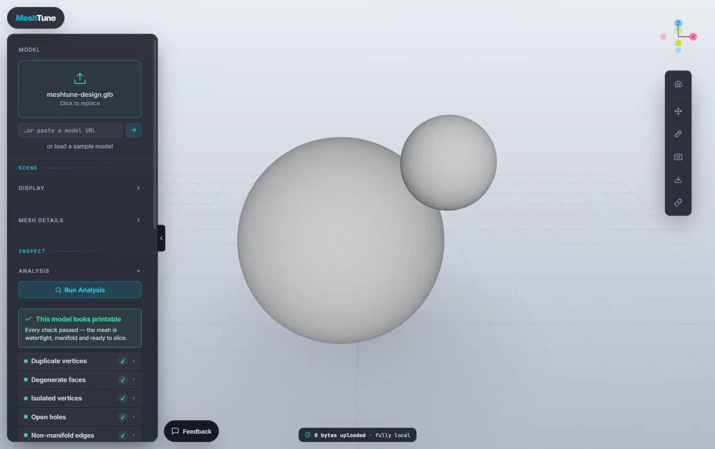 The design opened in the MeshTune Viewer, with analysis reporting This model looks printable