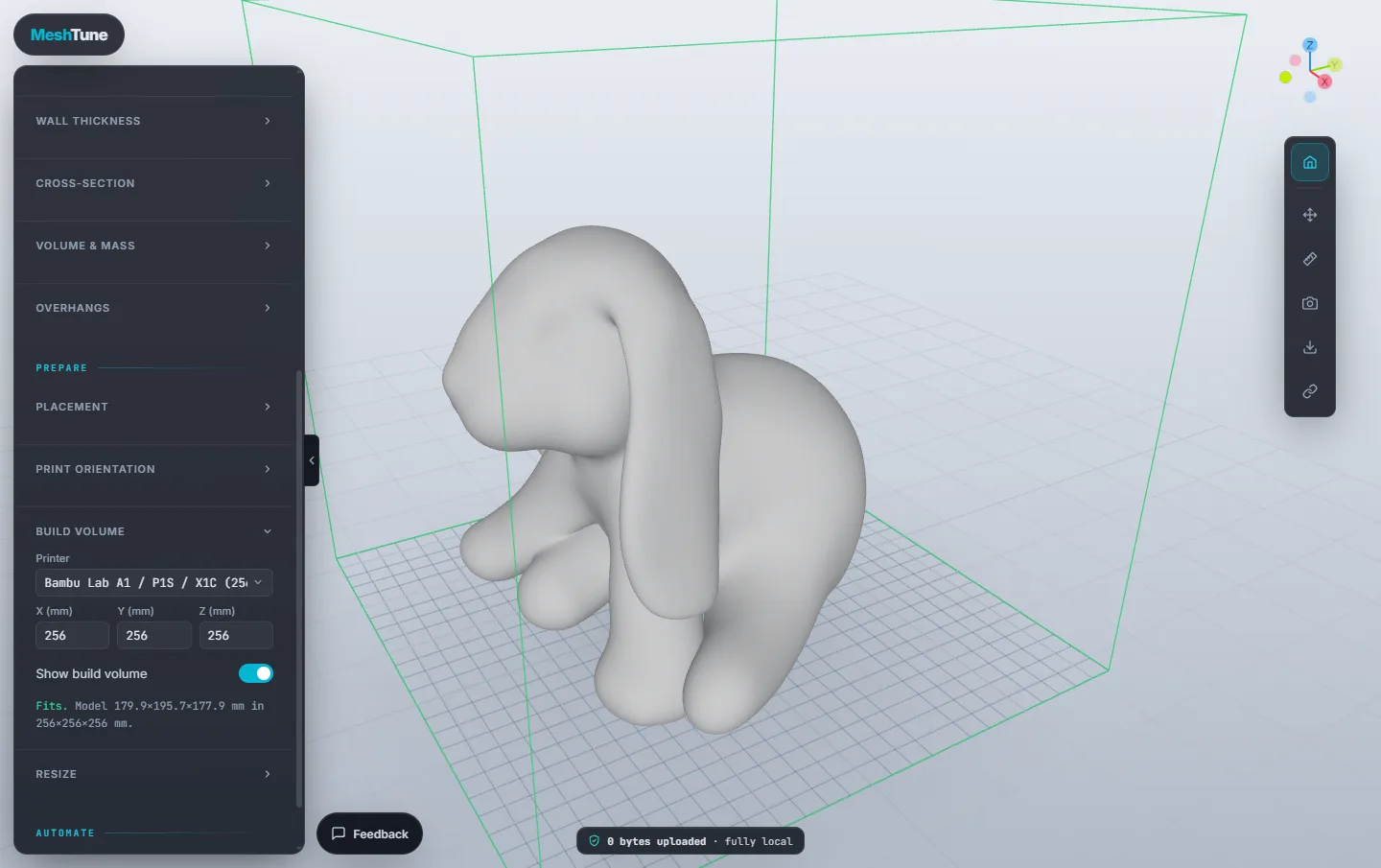 The printer's build volume drawn as a green box around the puppy, with the Build Volume panel saying it fits a Bambu Lab A1, P1S or X1C