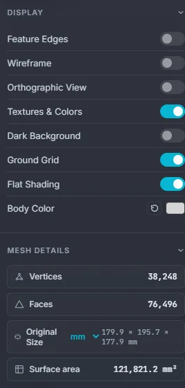 The Display panel with Feature Edges, Wireframe, Orthographic View, Textures and Colors, Dark Background, Ground Grid, Flat Shading and Body Color, above Mesh Details