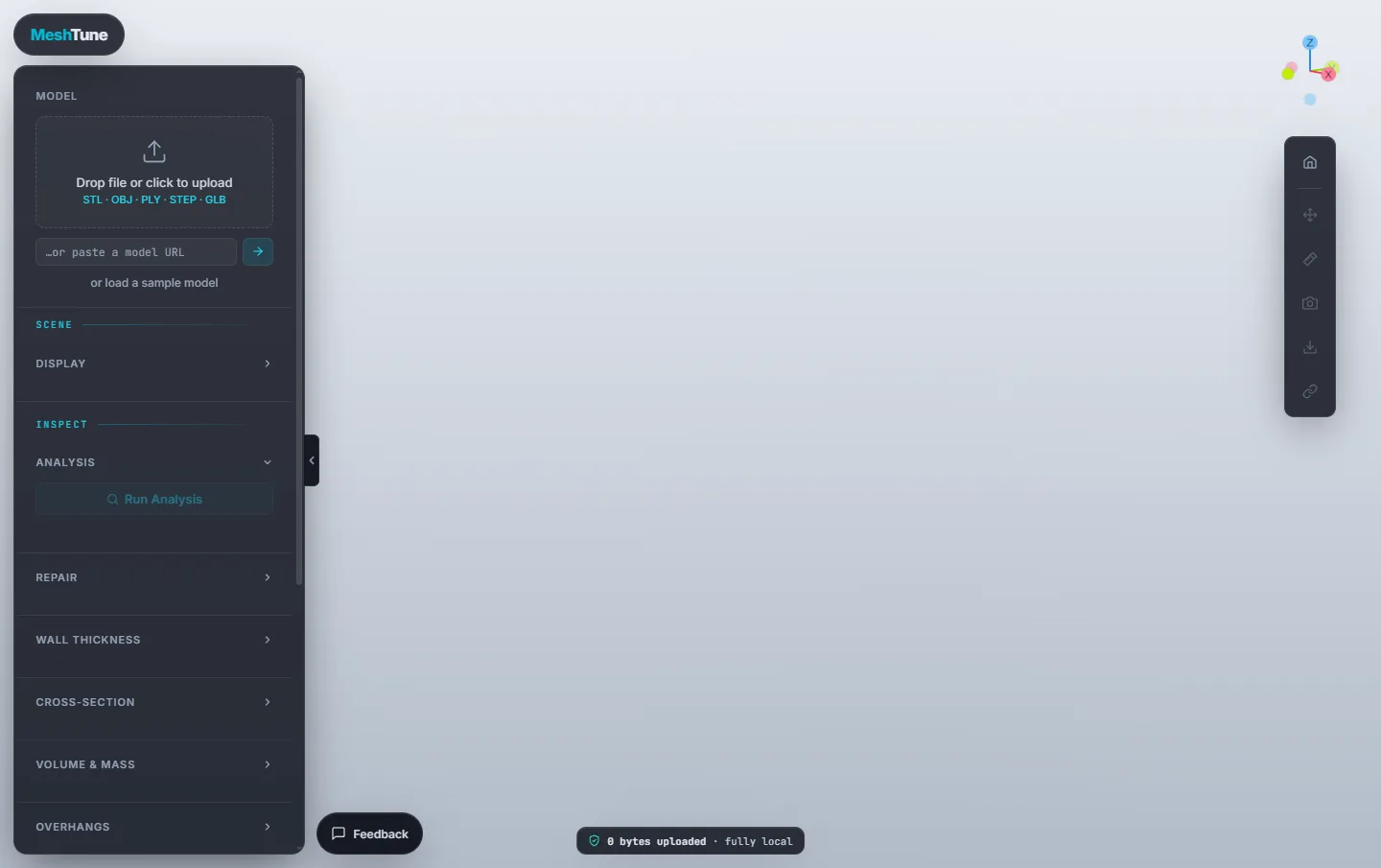 The empty Viewer, with the Model panel inviting you to drop a file, paste a URL or load a sample model