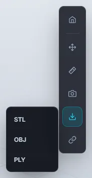 The Export menu next to the rail with STL, OBJ and PLY