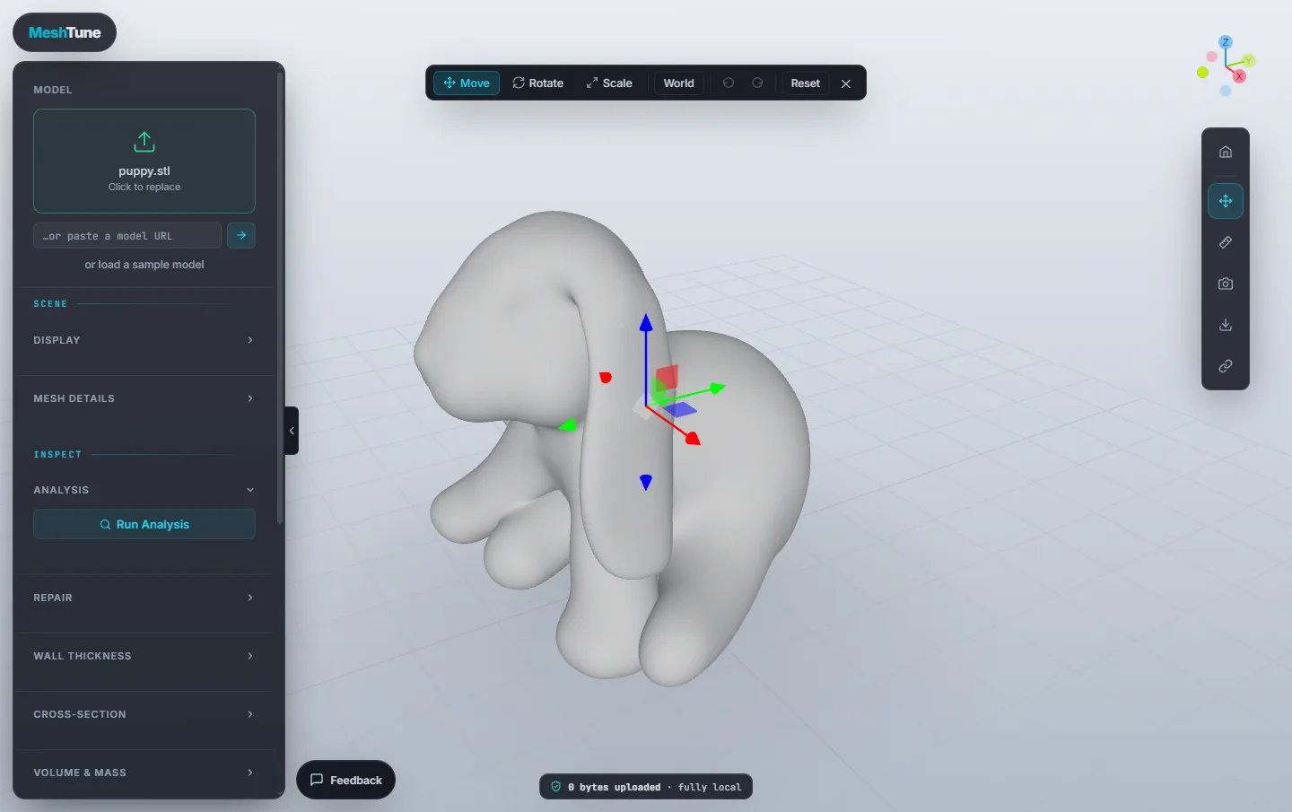 The transform handles on the puppy, with the Move, Rotate, Scale, World, Undo, Redo and Reset toolbar at the top
