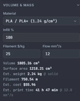 The Volume and Mass panel with Material PLA, Infill 100%, Filament 25 dollars per kg and Flow 12 cubic mm per second, and the volume, surface area, weight, filament length, cost and print time