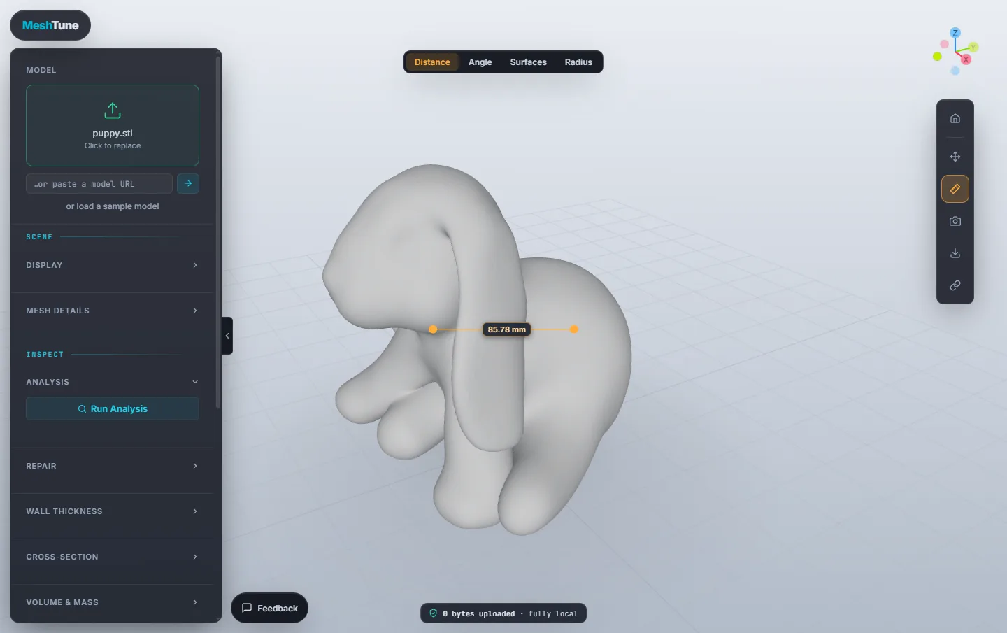 A distance of 65.78 mm measured between two points on the puppy, with the Distance, Angle, Surfaces and Radius modes above