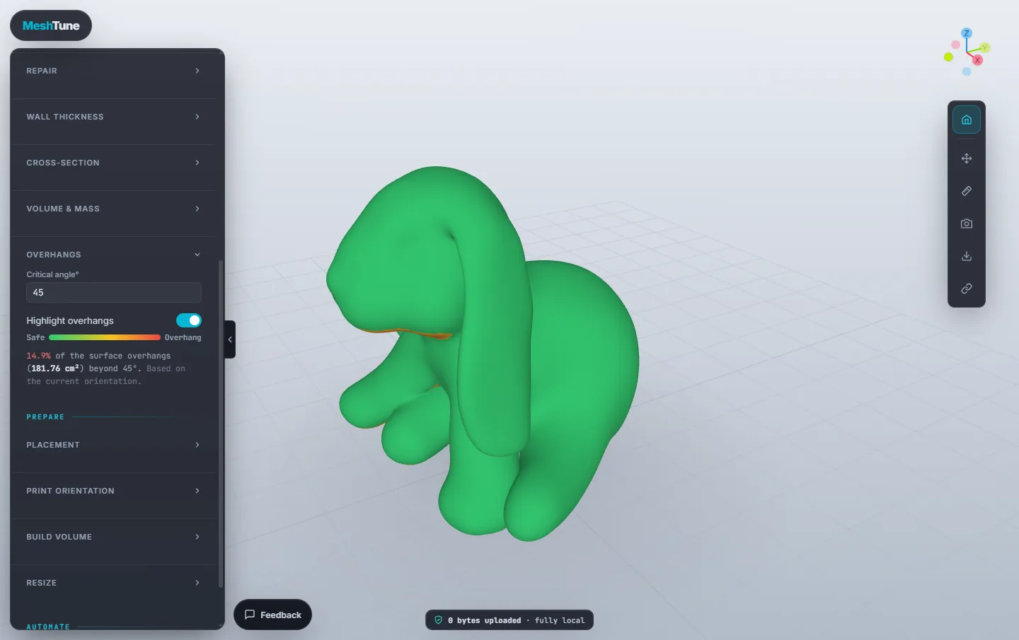 The puppy model coloured green where it is safe to print and red where it overhangs beyond 45 degrees, with the overhang percentage in the panel