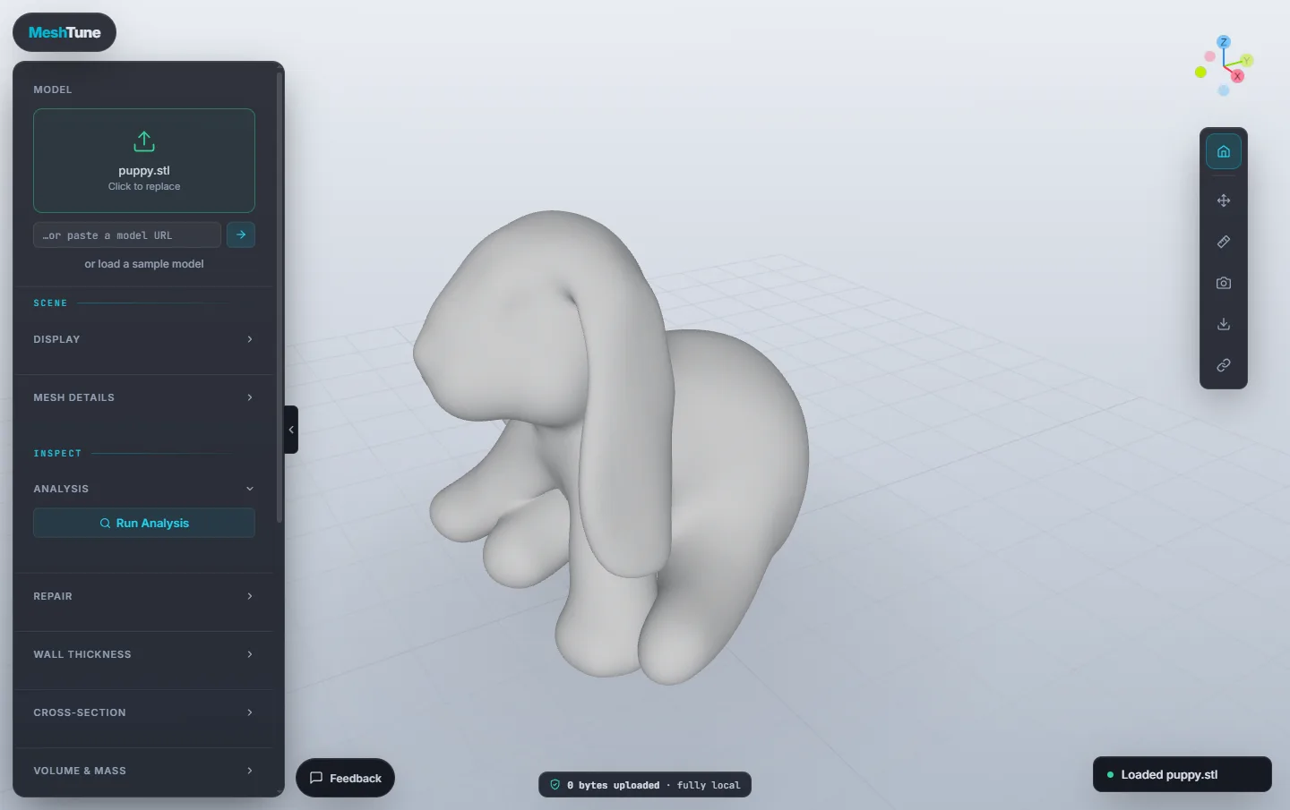 The MeshTune Viewer with a puppy model loaded: the sidebar of panels on the left, the axis widget and tool rail on the right, the privacy badge at the bottom