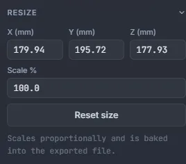 The Resize panel with X, Y and Z in millimetres, Scale percent and Reset size