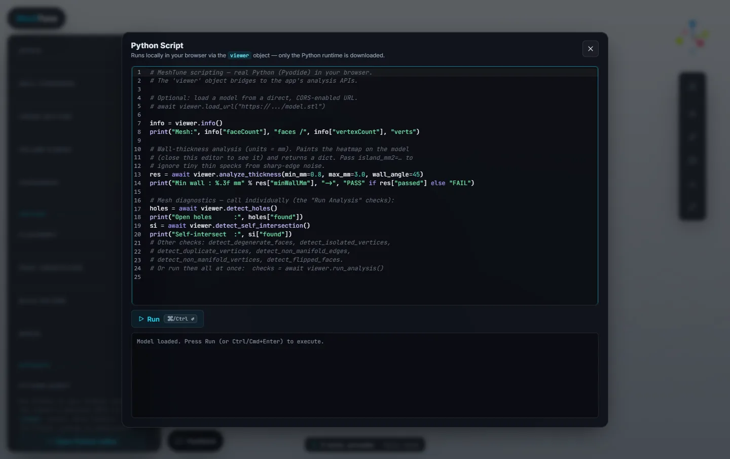 The Python Script editor with an example script that reads the mesh info, runs a thickness analysis and checks for holes and self-intersections