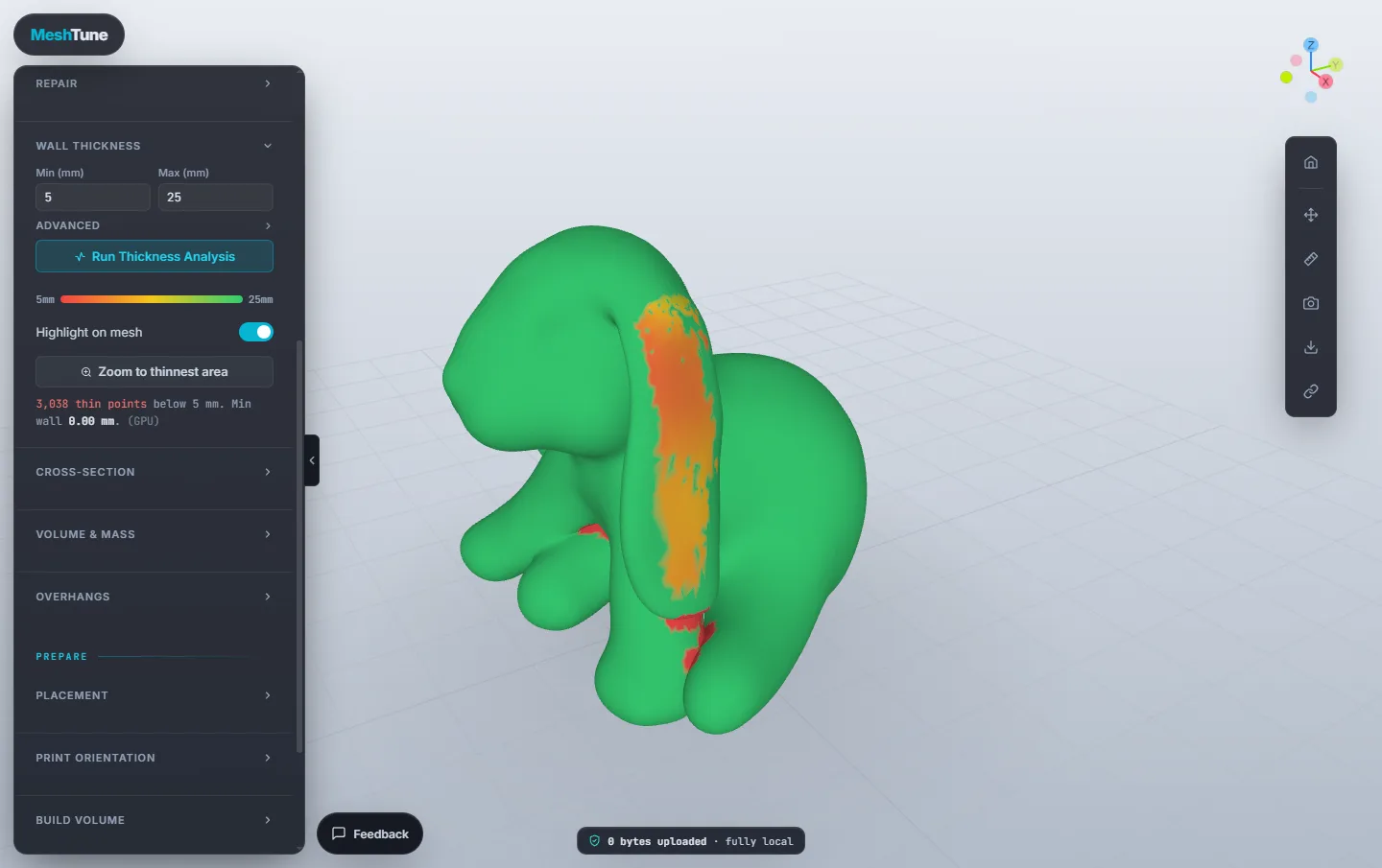 The MeshTune Viewer showing a wall-thickness heat map