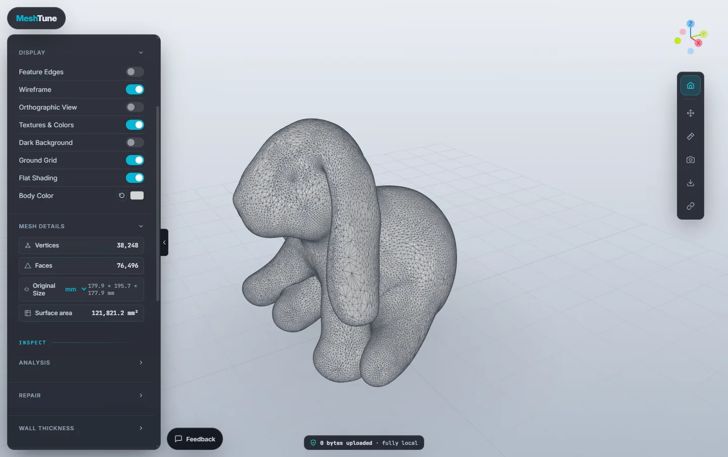 The puppy model drawn with its wireframe, every triangle visible