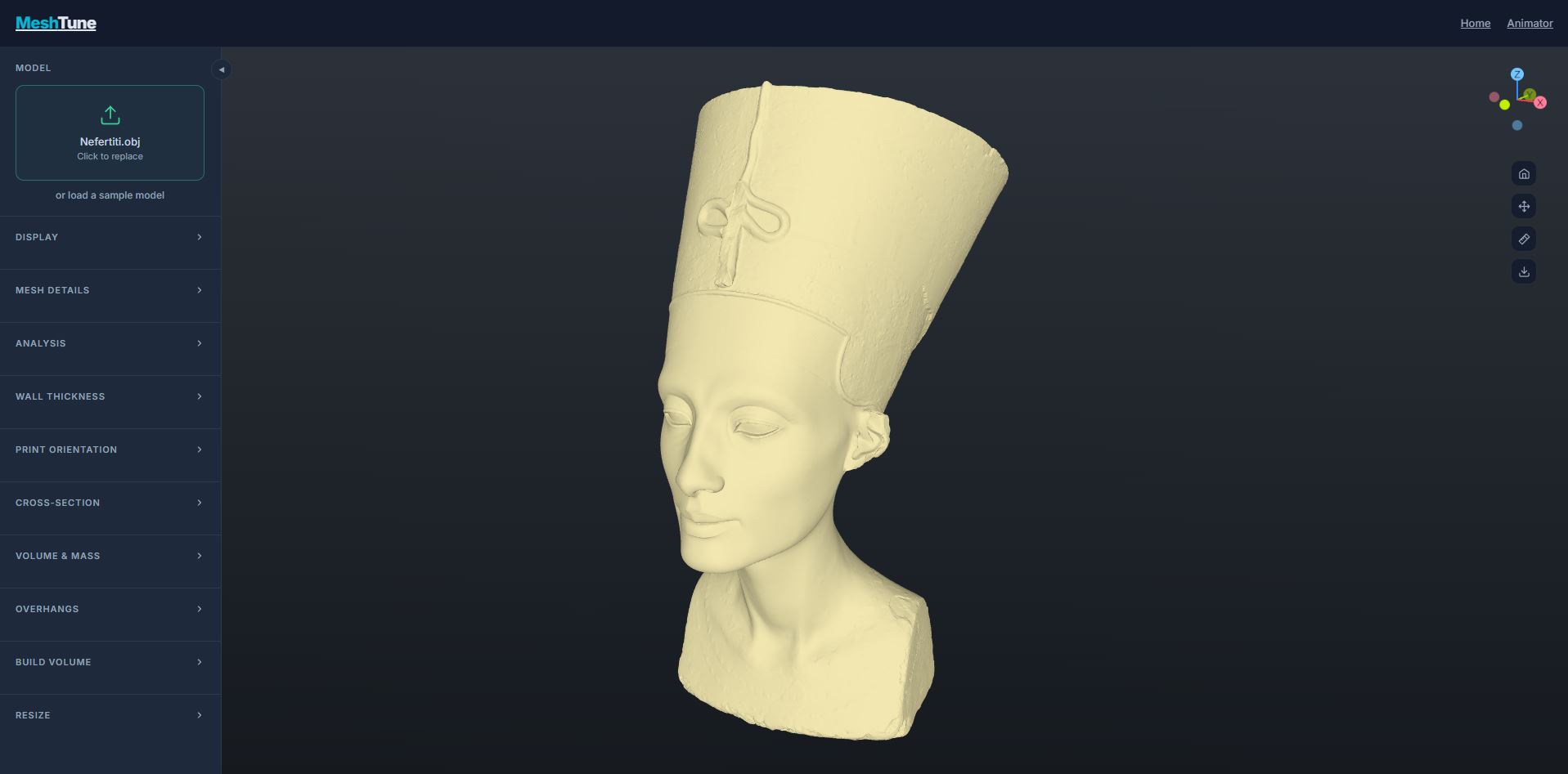 The reduced Nefertiti bust open in the MeshTune viewer, with the analysis panels — wall thickness, print orientation, cross-section and more — listed down the side.